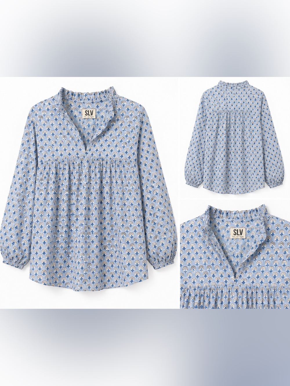NWOT SLV Sur La Vague Blue Block Print Cotton Peasant Tunic Blouse Boho Size L